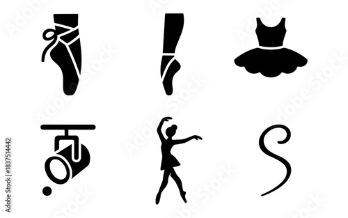 Ballet icons set: pointe shoes, dancer, tutu, spotlight, and decorative swirl