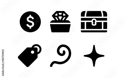 Black and white icons representing money, treasure, and other valuable items