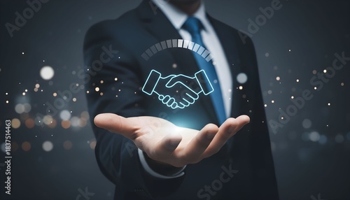 Businessman holding a handshake icon with glowing particles symbolizing partnership and agreement in business digital concept for collaboration