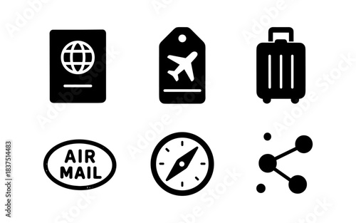 Travel icons set: passport, luggage, airplane tag, compass, and air mail
