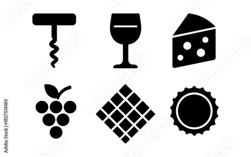 Wine and cheese icons in a minimalist black and white style