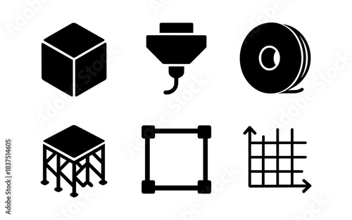 Set of 3D printing icons in a clean, modern, and minimalist style