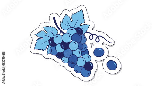 Cluster of blue grapes with leaves and tendrils rendered in a simple illustration style with a white outline on a black background