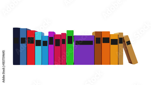 Collection of Colorful Books Standing on a Black Background with Blank Spines and Subtle Shadows Creating an Organized Library Shelf Effect