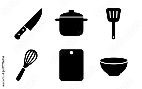 Kitchen tools and utensils in a simple, minimalist black and white design