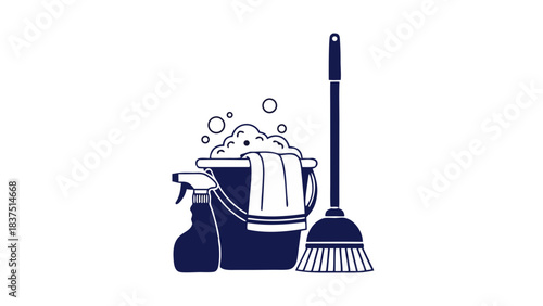Cleanliness and Hygiene Set Featuring A Bucket With Towel And Soap Bubbles A Spray Bottle And A Broom On A Black Background Vector Illustration