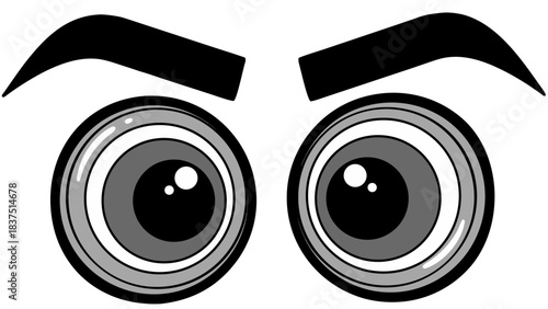 Close Up Black And White Cartoon Eyes Wide Open With Big Pupils On A Black Background With Subtle Gray Rings Reflecting Light Making Them Look Shiny And Expressive Of Surprise Or Curiosity