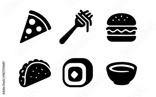 Black and white food icons: pizza, pasta, burger, taco, sushi, and soup