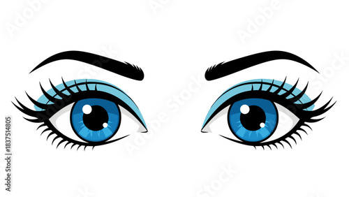 Close Up Of Stylized Blue Eyes With Long Lashes Against A Black Background
