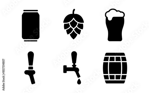 Beer icons set: can, hop, glass, tap, barrel, and beer tap with drop