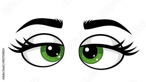 Close Up of Two Green Cartoon Eyes Looking Upward Against a Dark Background