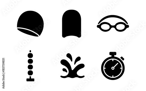 Swimming icons set: cap, goggles, kickboard, lane marker, water splash, and stopwatch