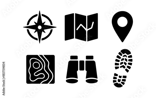 Black and white travel icons for navigation and outdoor adventure