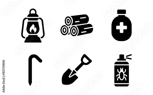 Black and white camping and gardening icons on a white background