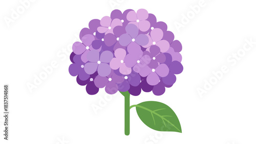 Close up Pixel Art Illustration of a Purple Hydrangea Flower with Green Leaf and Stem on a Black Background