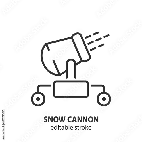 Snow cannon line icon illustration depicting an artificial snow machine for winter sports, skiing, and holiday concepts. Vector illustration. Editable stroke.