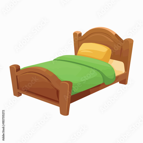 Wooden bed frame with green blanket and yellow pillow bedroom furniture for home decor and interior design