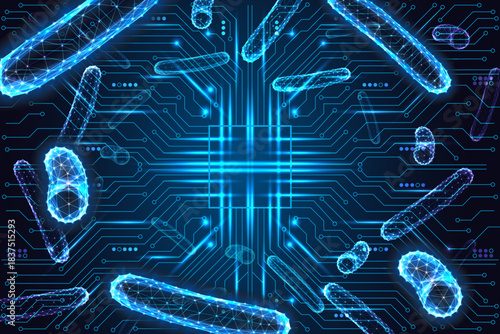 Digital bacteria network circuit medical biotech concept glow low poly science vector illustration