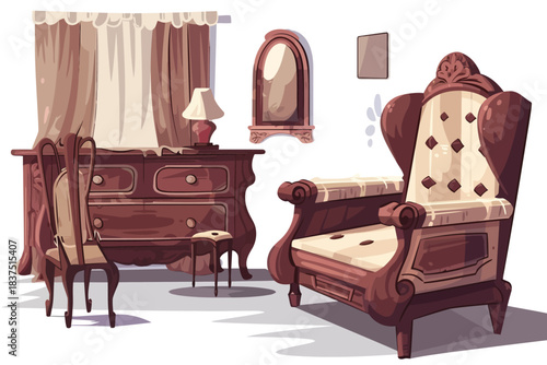 Handcrafted vintage furniture in rustic settingvect isolated