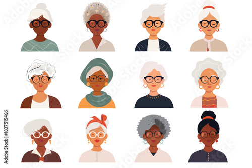 old women with different skintones avatars isolated