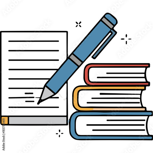 Blue Pen Writing on Lined Paper Beside Stack of Red Yellow and Blue Books on a Transparent Background