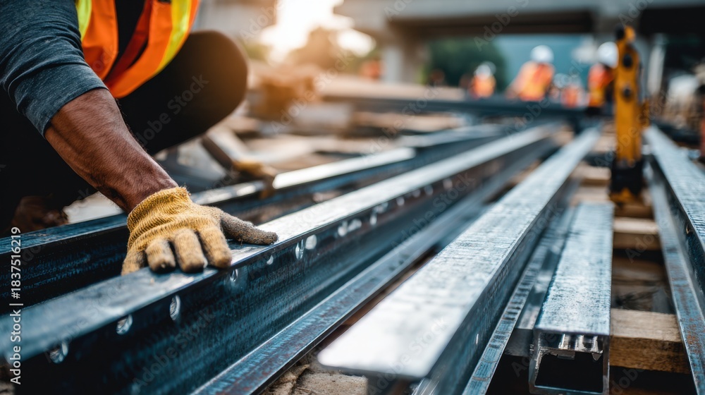 Fototapeta premium Medium shot of a construction worker installing recycled steel beams highlighting ecofriendly sustainable building materials in modern infrastructure projects.