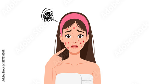 Concerned Young Woman with Acne and Red Spots on Her Face Touching Her Skin with a Towel Wrapped Around Her Chest Against a Black Background Showing Skin Problems and Dermatology Concern