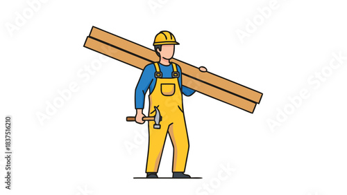 Construction Worker in Yellow Overalls and Blue Shirt Carrying Wooden Planks on Shoulder Holding Hammer with Black Background