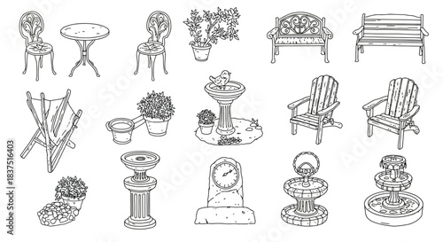 collection of hand drawn outline outdoor furniture and garden decor perfect for architectural plans backyard designs or coloring pages.