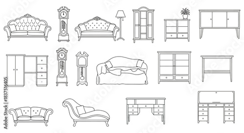 diverse household furniture line art vector icons ideal for interior design home decor projects and architectural planning visuals.