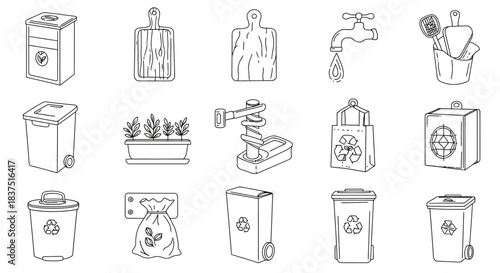 eco-friendly living line art icons depicting sustainable household items recycling bins waste management for green home and garden.