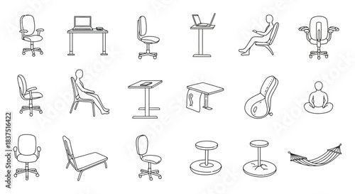 ergonomic chairs and modern workspace furniture icons illustrating diverse work setups and sitting postures for comfort health and productivity.
