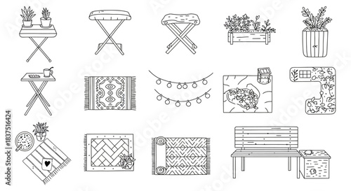 hand drawn outdoor living essentials collection for garden and patio decor featuring picnic setups benches and relaxation items for lifestyle design projects.