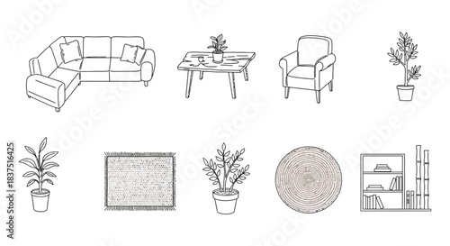 hand drawn minimalist line art collection of home furniture and decor for interior design and living room concepts.
