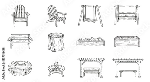 hand drawn rustic outdoor living elements and garden furniture set for backyard design featuring adirondack chairs  swings.