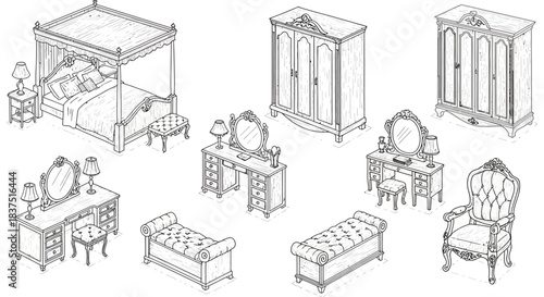 hand-drawn isometric classic furniture for bedroom and living room ideal for architectural interior design and vintage home decor.