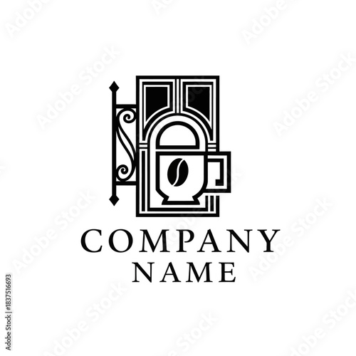 Vintage Coffee Shop Sign with Coffee Bean and Mug Emblem.