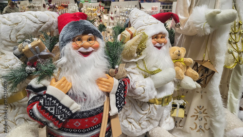 Nice christmas toys on shelves of market, new year celebrating, toys, handmade, holiday