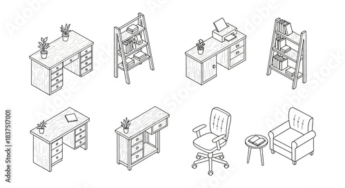 isometric office and home furniture line art desks bookshelves and chairs. a modern set for business and interior design projects.