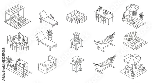 isometric outdoor furniture collection illustrating modern patio deck and garden elements for home decor projects.