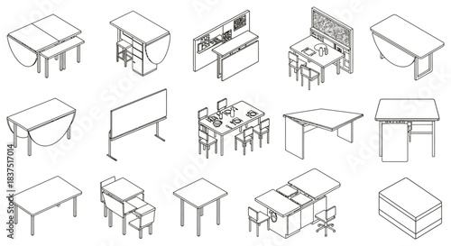 isometric space-saving furniture designs modern adaptable tables desks and units for home and office interiors.