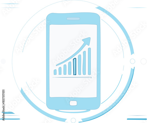 Abstract mobile phone and growth chart on smartphone screen. Stock market and finance concepts. Low poly wireframe vector illustration in futuristic light blue style on a technology background.
