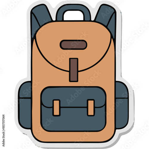 Brown and Blue Canvas Backpack with Buckle Closures and Padded Straps Detailed Illustration for Travel and Outdoor Activities on White Background