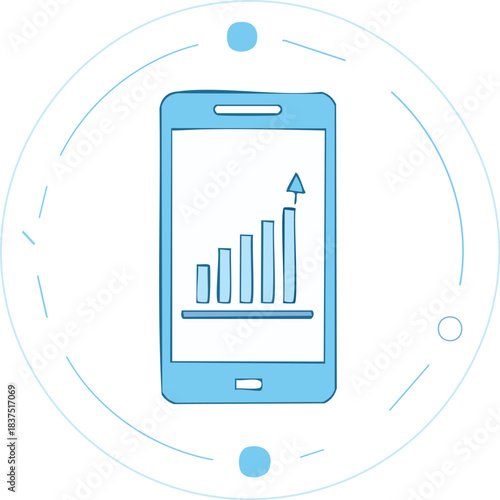 Abstract mobile phone and growth chart on smartphone screen. Stock market and finance concepts. Low poly wireframe vector illustration in futuristic light blue style on a technology background.