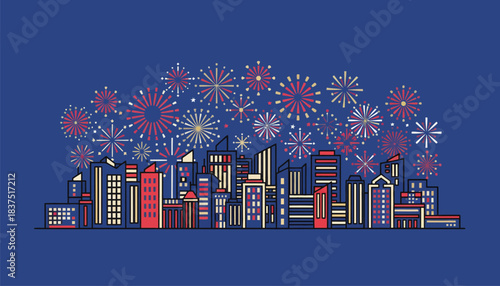 A panoramic view of a skyline lit up by synchronized fireworks creating a breathtaking tapestry of light and sound.