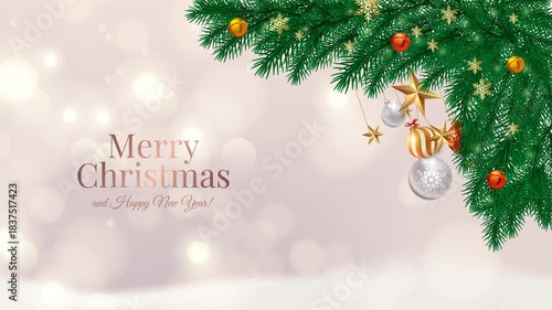 Elegant Merry Christmas and Happy New Year greeting with festive ornaments and bokeh