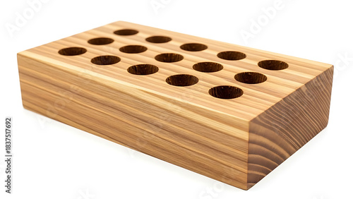 A wooden pencil holder with multiple holes on a white background