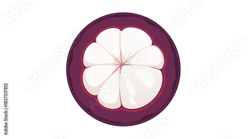 Cross section of a ripe mangosteen fruit revealing its white segments and deep purple rind isolated on a black background