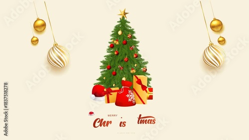 Elegant Christmas tree with gold ornaments and gifts welcomes happy holidays