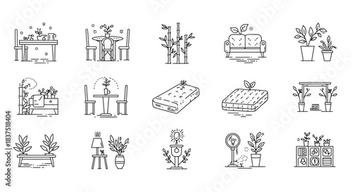 line art icons depicting indoor plants and home decor items showcasing sustainable living eco-friendly interior design and biophilic home concepts.